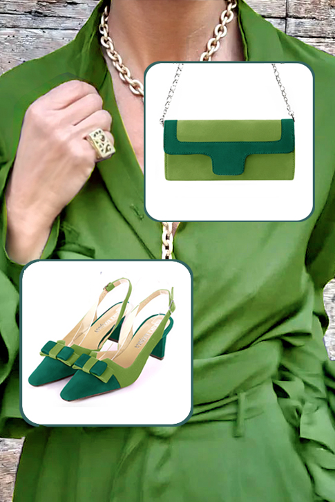 Emerald green women's open back shoes, with a knot. Tapered toe. Medium comma heels. Top view - Florence KOOIJMAN